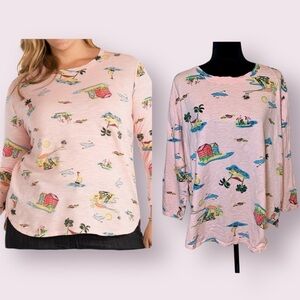 Fresh Produce Beachy Keen Long Sleeve Tee Shirt Pink Flamingo Tropical Print 1X